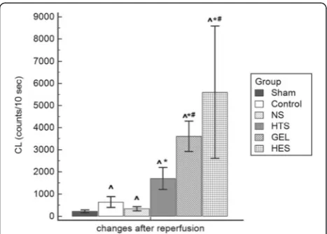 Fig 4 Comparison of the amount of reperfusion-induced formationof renal reactive oxygen species in vivo after fluid resuscitation.*Value in a fluid resuscitation group significantly different from thatin the control group with p <0.05