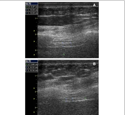 Fig. 1 Ultrasound sample images. Right hemidiaphragm thickness recording image after admission (a) and on day 5 (b) as obtained duringthe study