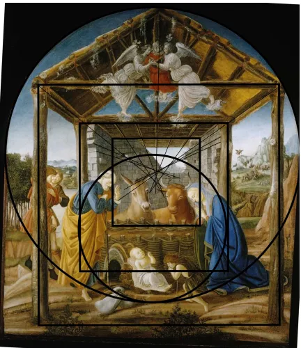 Figure 1.7 The Columbia Nativity  c. 1473-1475, detail: original dimensions: 64 ½ x 54     inches  (161.3 x 137.2 cm) Problematic perspective orthagonals and concentric circular      patterns overlapping a series of squares