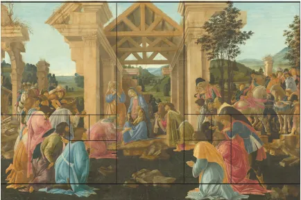 Figure 3.6 The Adoration of the Magi, Washington, D.C.  c. 1478-1482, original dimensions:  26 ¾  x 40 3/16   inches ( 68 x 102 cm) lateral replications of the Golden Section within the composition – detail
