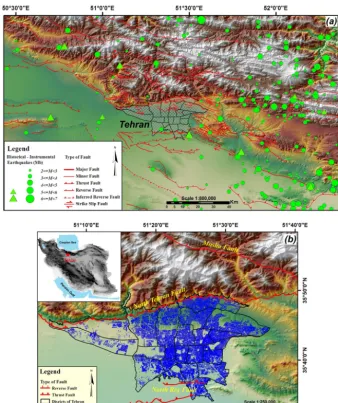Figure 1. The study area and the distribution of historical and instrumental earthquakes up to 100 km away from Tehran.