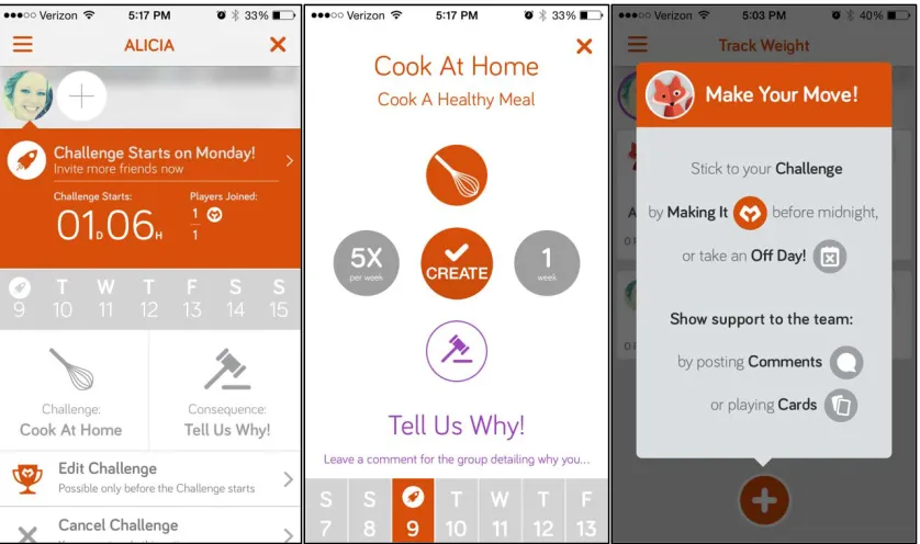 Figure 3.2. MakeMe app features and user-end screenshots of challenge participation, starting with a home page, description of the challenge, and log prompt