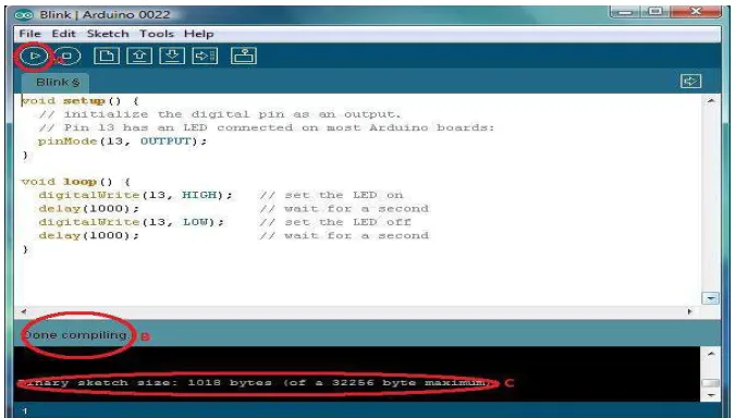 Figure 14: Screenshot of the Blink code after compilation. The verify button looks just like a play button and is located at the upper left corner