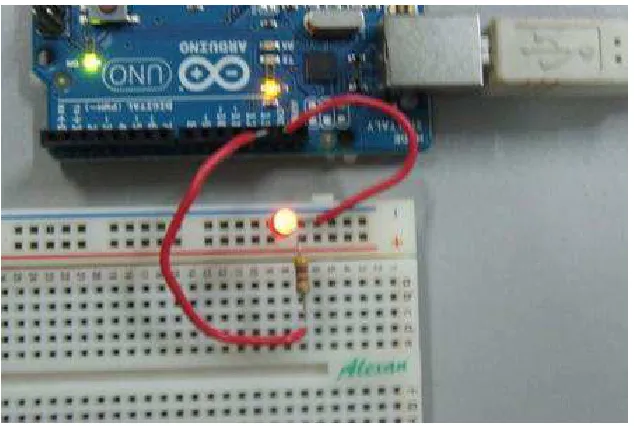 Figure 19: Photo of the LED blinking. Note that the small LED on the board is also blinking because it is also connected to pin 13