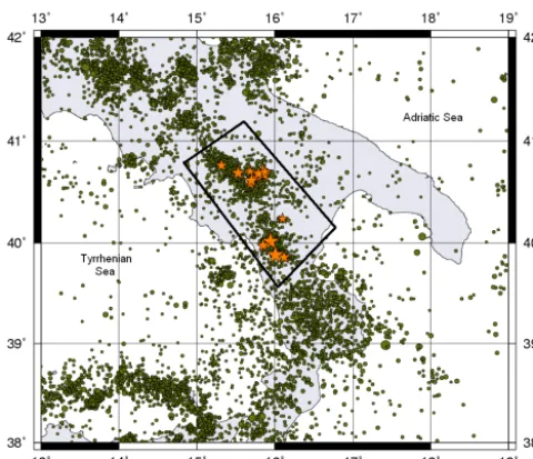 Figure 2.Figure 2  Seismicity map of Val d’Agri area and surrounding in theperiod 1983–2013 (Rectangle denotes the limits of the study area.