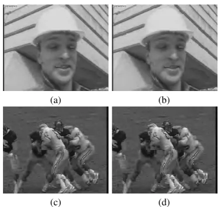 Figure 4. Visual quality comparison of motion-compensated 2of “Foreman” and “Football” at 0.2bpp by motion vectors with integern d  framesaccuracy (a), (c) and proposed accuracy (b), (d) in QCIF.