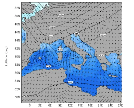 Figure 2.Figure 2: The 20 October 2011 case study. Geopotential height at 500 hPa (m, black contours) sea surface temperature (°C, filled contours), and surface winds (m/s, vectors plotted every ten grid points)