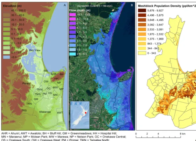 Figure 1. (a) Study area topography and locations of suburbs in Napier Territorial Authority