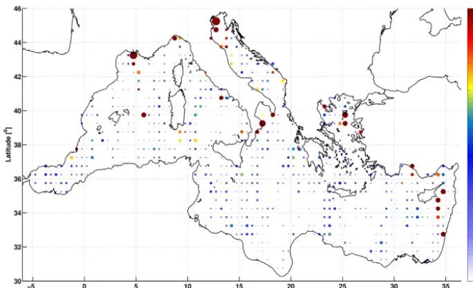 Figure 4. Comparison between simulations and altimeter data for the wave height in the Mediterranean basin