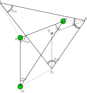 Figure 2. Actual positions and angles among three nodes compared toestimated positions and angles
