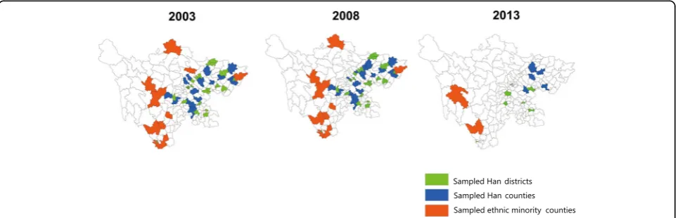 Fig. 1 Geographical distribution of 2003, 2008 and 2013 National Health Service Surveys sampled counties in Sichuan Province