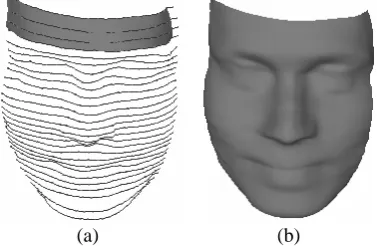 Figure 2. Generic facial representation using PDE, (a) represents the PDE boundary curves of facial data, (b) the resulting PDE surface