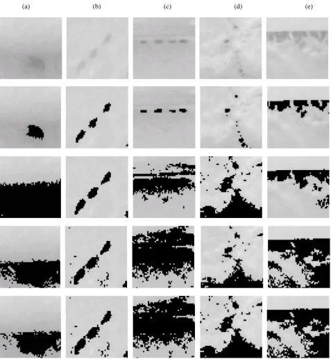 Figure 9. Segmentation results for starfruit defect image (a), (b), (c), (d) and (e). From top row to fifth row: Original image, proposed method, Otsu Method, Entropy based method and Yun Li method