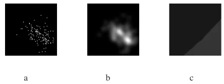 Figure 1. Parzen-watershed on simulated data; a - the scatter-plot of two overlapped gaussian distributions represented in adiscrete 64x64 feature space, this feature space is visualized asan image; b - the estimated pdf; c - the inﬂuence zones.