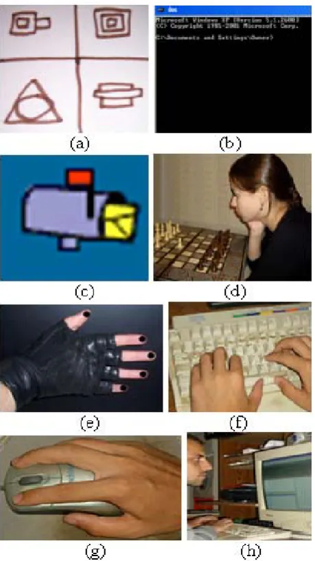 Figure 1. Examples of Direct HCI-Based Behavioral Biometrics: a)  Biometric Sketch, b) Command Line Lexicon, c) Email, d) Game Strategy, e) Haptic, f) Keystrokes, g) Mouse Dynamics, h) Programming Style
