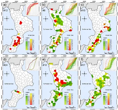 Figure 8. Spatial distribution of some HREs in Calabria, according to the Thiessen polygon delimitation and their binary shape code (BSC).The standard rainfall proﬁles (SRP), distinguished according to the BSC, are reported in the insets