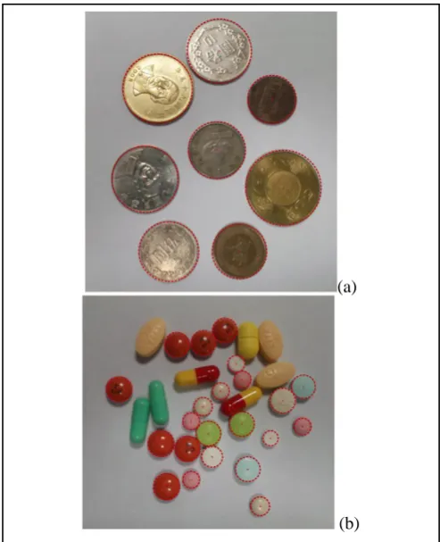Fig. 12. Superimpose circles on the testing images: (a) coins, and (b) tablet drugs. 