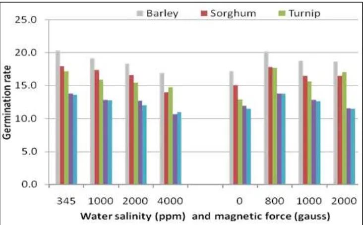 Fig. (18): Effect of magnetic force and water salinity on the germination rate of barley, sorghum, turnip, sunflower, and 