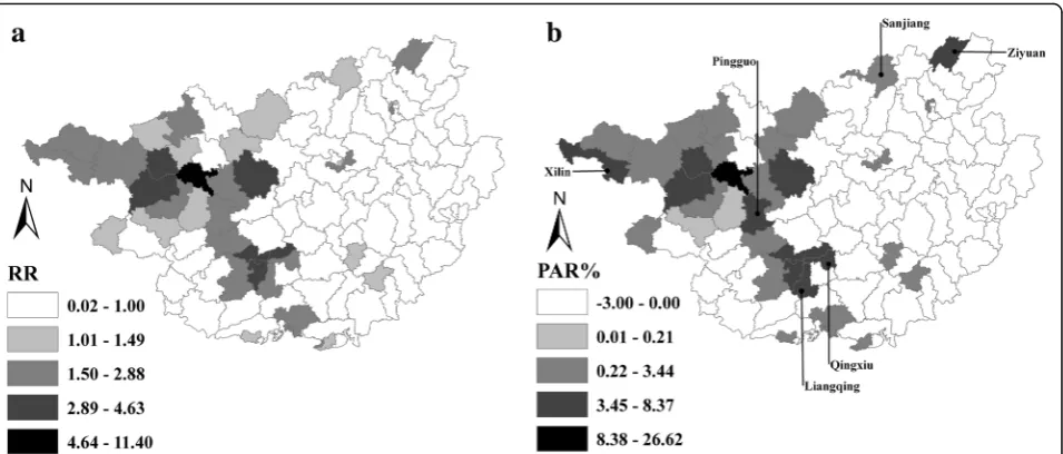 Fig. 6 Spatial patterns of relative risk (RR) and population attributable risk percent (PAR%) among children aged ≤24 months in Guangxi, 2004–2014.a is for RR, and b is for PAR%