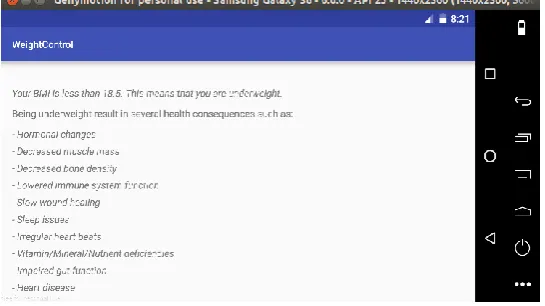Figure 6: BMI Calculator Interface of the Intelligent Weight Management System. User supplies the needed data for BMI calculation to enable the intelligent system make decision