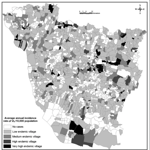 Figure 2 Map showing the average annual incidence rate of kala-azar from the period of 2007–2011.