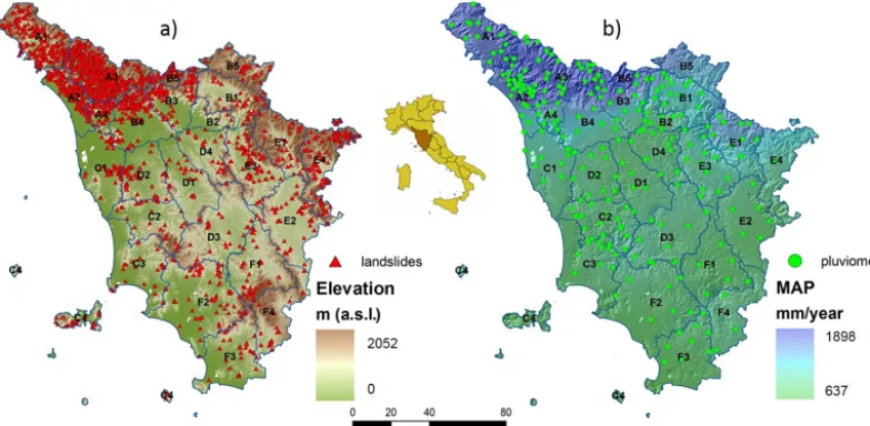 Figure 1. The Tuscany region, subdivided into 25 alert zones (AZ), with landslide inventory laid over the digital elevation modelthe rain gauge distribution laid over the mean annual precipitation map, as averaged from the measures pertaining to the data set used in thiswork (years 2000–2009) (a) and (b).