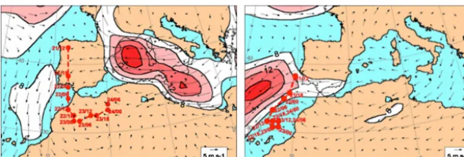 Figure 5. Left panel: position of the cutoff low centre at 300 hPa (circled), from 12:00 UTC to 06:00 UTC (21–24 October 2000), as simulatedin the control run