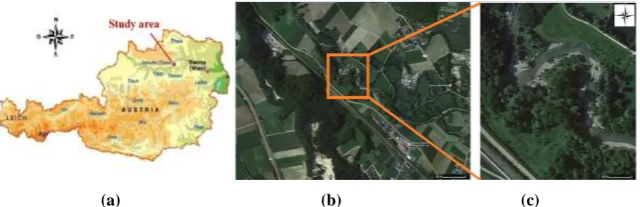 Fig. 1. Neubacher Au, Lower Austria; (a) Overview map of Austria; (b) location of the study area; (c) Study area Neubacher Au 