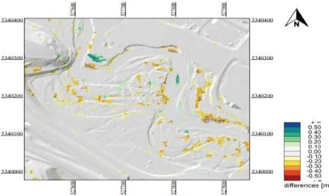 Fig. 6. Digital Elevation Model of Differences (DoD) with relevant topographic changes  