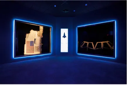 Figure 4.4 Remnants of the space shuttles Challenger and Columbia in the “Forever Remembered” exhibit at Kennedy Space Center