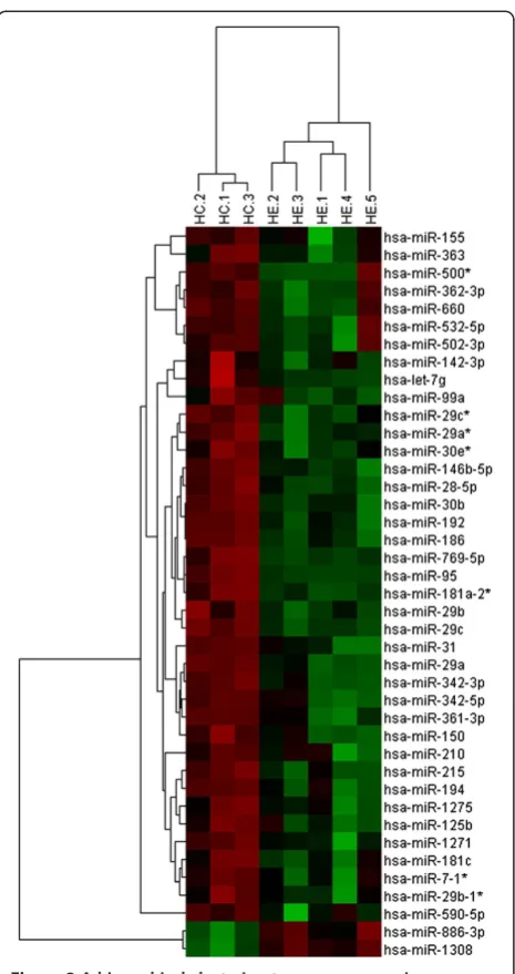 Figure 2 A hierarchical clustering tree map comparingexpression of miRNAs between patient (HE) and healthycontrol (HC) samples