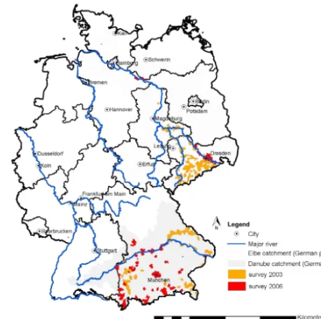 Figure 1. A map of the survey locations and river catchment areas.