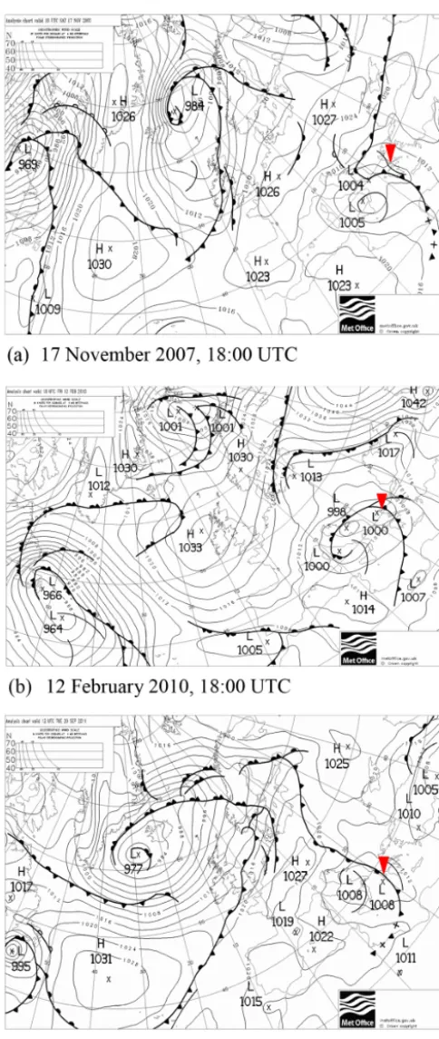 Figure 3. Mean sea level analysis charts, from the UK Met Ofﬁce,depicting the frontal activity around the tornadoes’ time of occur-rence for T07 (a), T10 (b) and T11 (c) tornado events