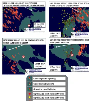 Figure 4. Visualization of lightning distribution in a 15 min step, associated with the T11 (upper images) and T10 (lower images) events.Red and yellow stars represent the spatial distribution of lightning activity 15 and 30 min prior tornado formation, re