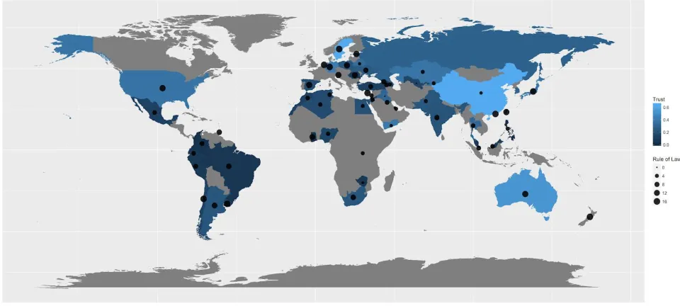 Figure 1: Quality of Rule of Law (World Bank Indicator, bubbles) and Average Generalized Trust by Country (WVS6) 