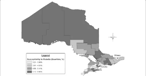 Figure 2 Prenatal specimen-based rubella serology results among 15–49 year old females in Ontario, 2006–2010 (N = 551,160 tests).This figure shows the proportion of prenatal specimens that were determined to be susceptible, indeterminate or immune to rubel