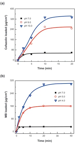 Figure 3 Effects of pH at which nanoﬁ lms were prepared on drug-loading proﬁ les of a) cefazolin and b) MB in (PLL/PLGA)20 nanoﬁ lms