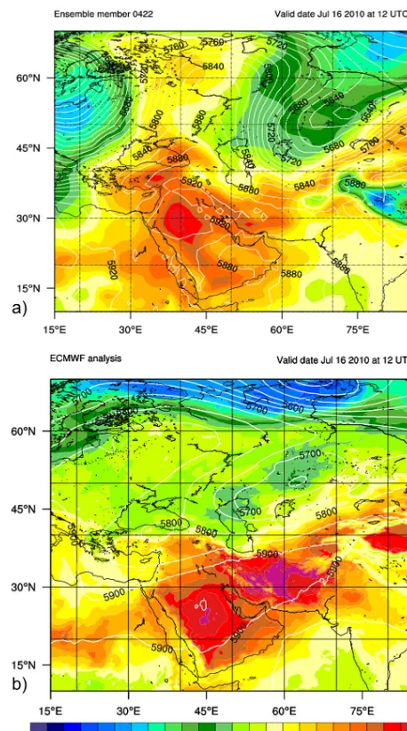 Figure 7. Temperature at 850 hPa (color shaded in K) and geopo-tential height (contours in gpm) at 500 hPa for 16 July 2010at 12:00 UTC based on (a) the ensemble member initialized at22 April 2010 and (b) ECMWF operational analysis.