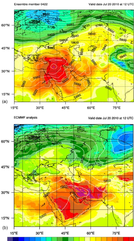 Figure 8. Temperature at 850 hPa (color shaded in K) and geopo-tential height (contours in gpm) at 500 hPa for 20 July 2010 at12:00 UTC based on (a) the ensemble member initialized at 22April 2010 and (b) ECMWF operational analysis.
