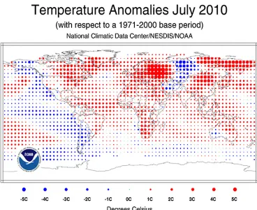 Figure 11. Mean temperature anomalies (◦C) for July 2010 with respect to the 1971–2000 base period