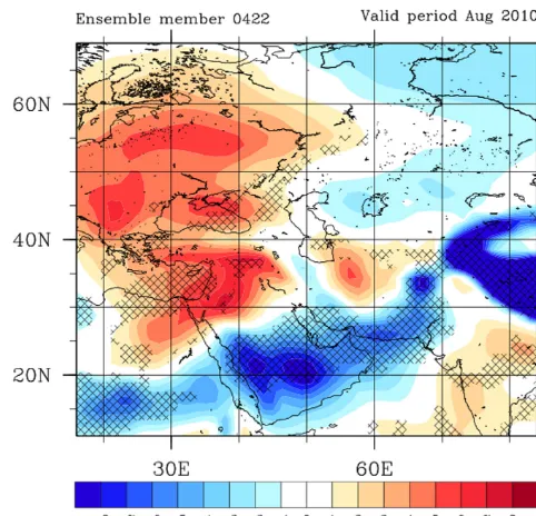 Figure 13. Mean monthly temperature anomaly (color shaded in K)at 850 hPa for August 2010 based on the ensemble member initial-ized on 22 April 00:00 UTC