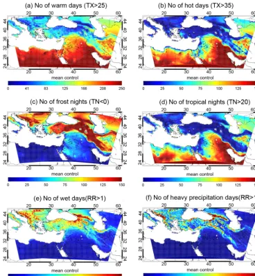 Figure 5. Spatial patterns of the number of warm days (a), hot days (b), frost nights (c), tropical nights (d), wet days (e) and days with heavyprecipitation (f), per year, during the control period 1961–1990.