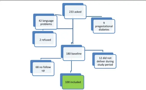 Fig. 1 Flowchart of data collection. Legend: 233 women were asked to participate, of which 9 had pregestational diabetes, 2 refused and 42 hadlanguage problems