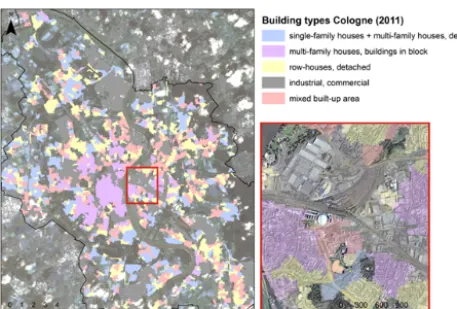 Figure 5.Figure 5. Building type stratification of the study area of Cologne: a) superimposed on input Landsat image and b) a magnification superimposed on Google Earth imagery