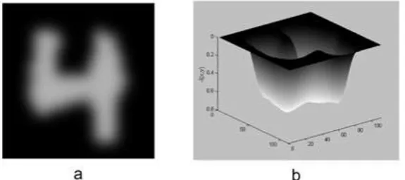 Figure 3: Image seen as 3D surface. In (a) is shown a convoluted image of intensities of digit 4