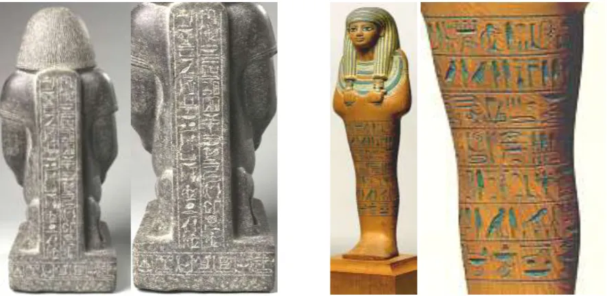 Fig. 25: Granodiorite statue from 18th Dynasty.[37]   Fig. 26: Wooden shabti from 18th Dynasty.[38] 