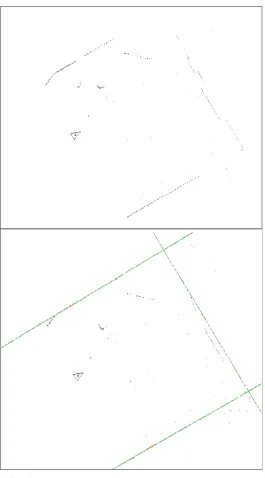 Figure 12 The RANSAC algorithm finds the main lines in a laser scan.  The green lines are the best fit lines representing the landmarks