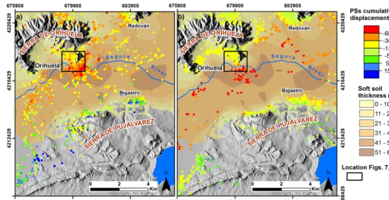 Figure 4. Cumulative displacement (mm) along the LOS superimposed to soft soil thickness for both processed periods:(b) (a) 1995–2005 and 2004–2008.