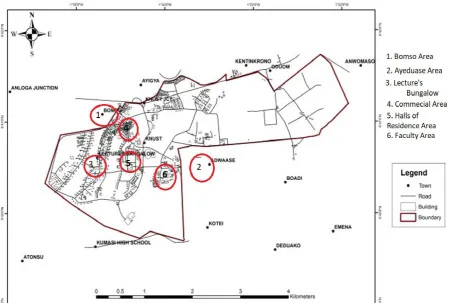 Figure 1: Map showing the sample location within the KNUST community. 