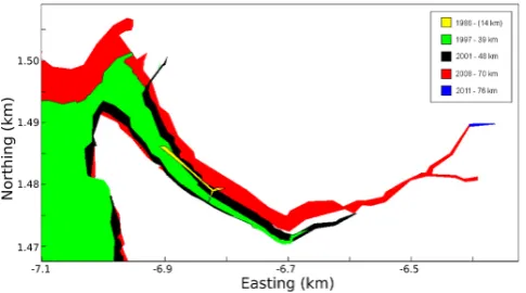 Fig. 9. The evolution of the Brunt-Stancomb chasm over time. Theshape of the chasm at different times is is shown as coloured poly-gons